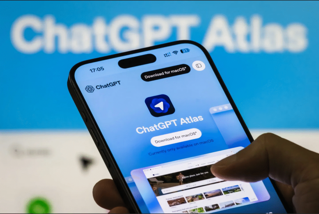 AI-powered ChatGPT Atlas Browser interface with sidebar and agent mode