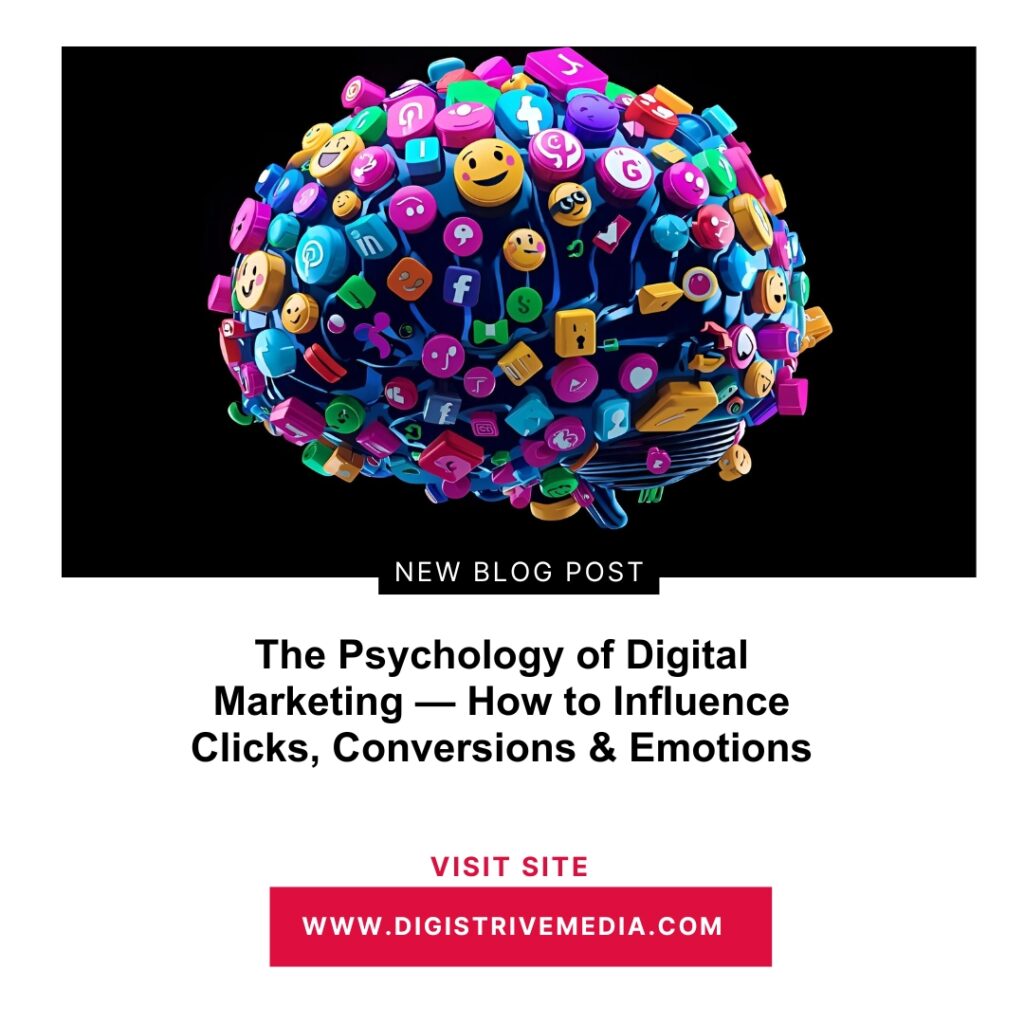 Human brain made of digital icons representing emotions, ads, and psychology of digital marketing